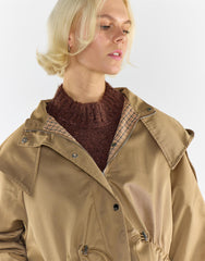Beige Trench Jacket With Hood and Check Lining