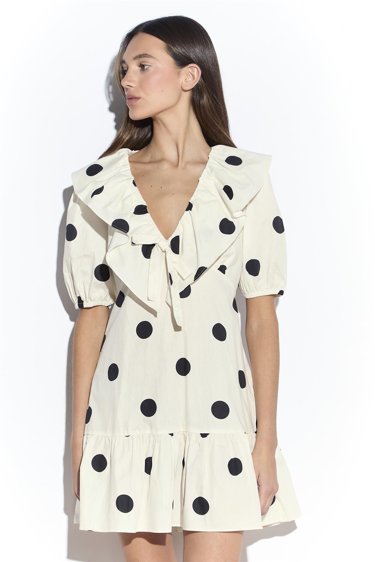 Cream Spot Ruffle Mini Dress with Puff Sleeve