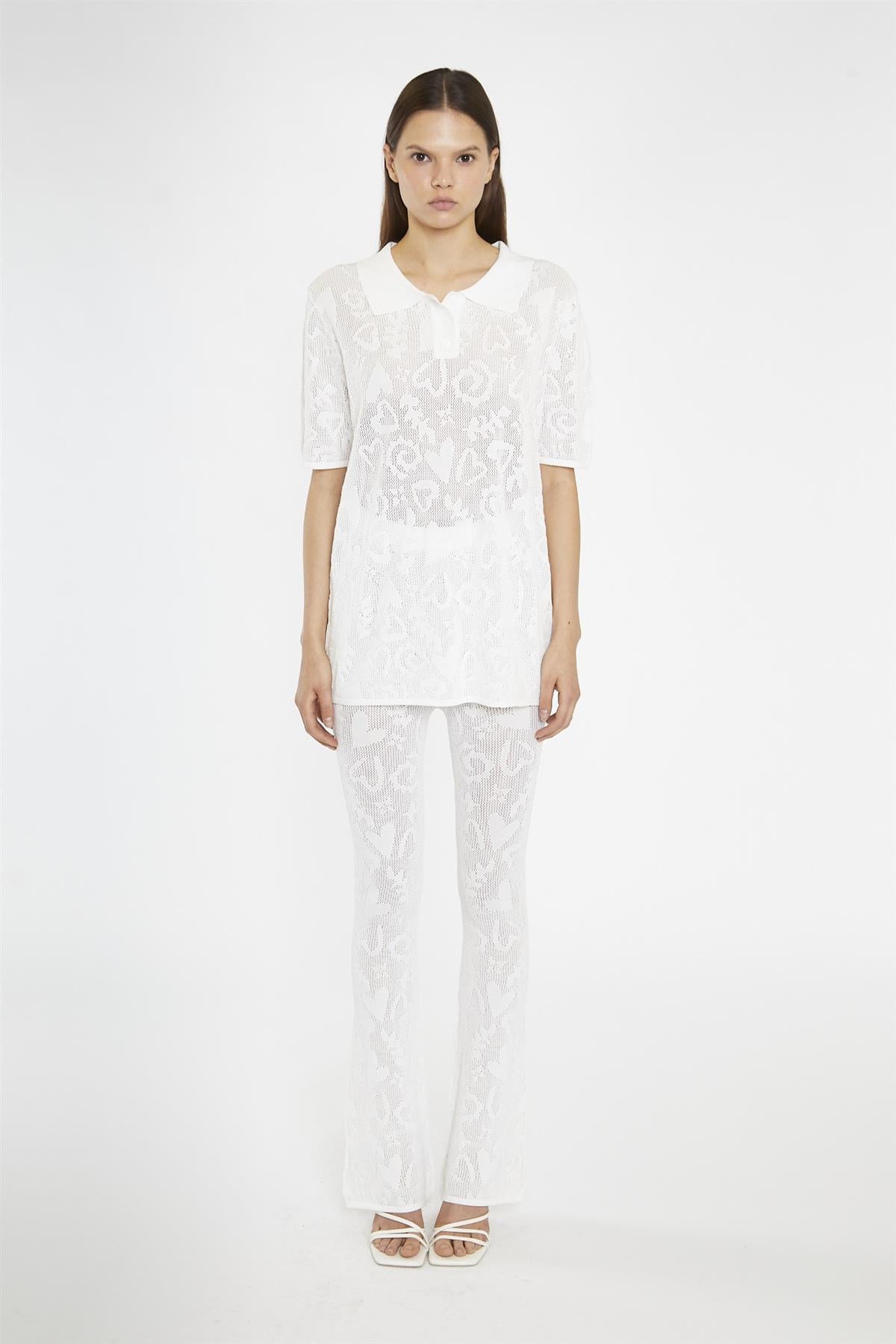White-Textured Flared Knit-Trousers
