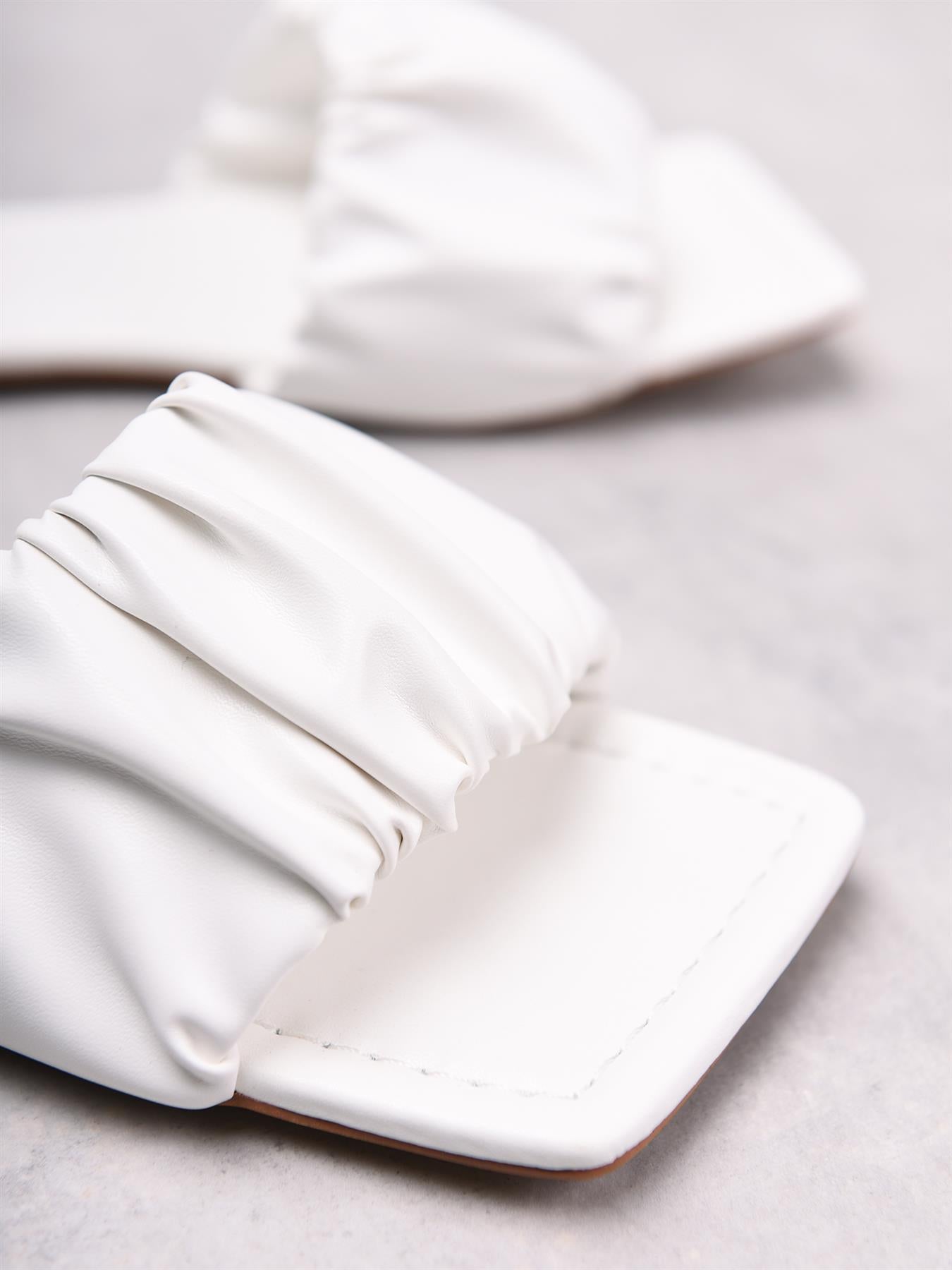White Ruched Square Toe Sandals