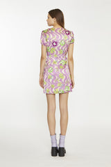 Purple-Swirl-Floral V-Neck-Button-Up Mini-dress