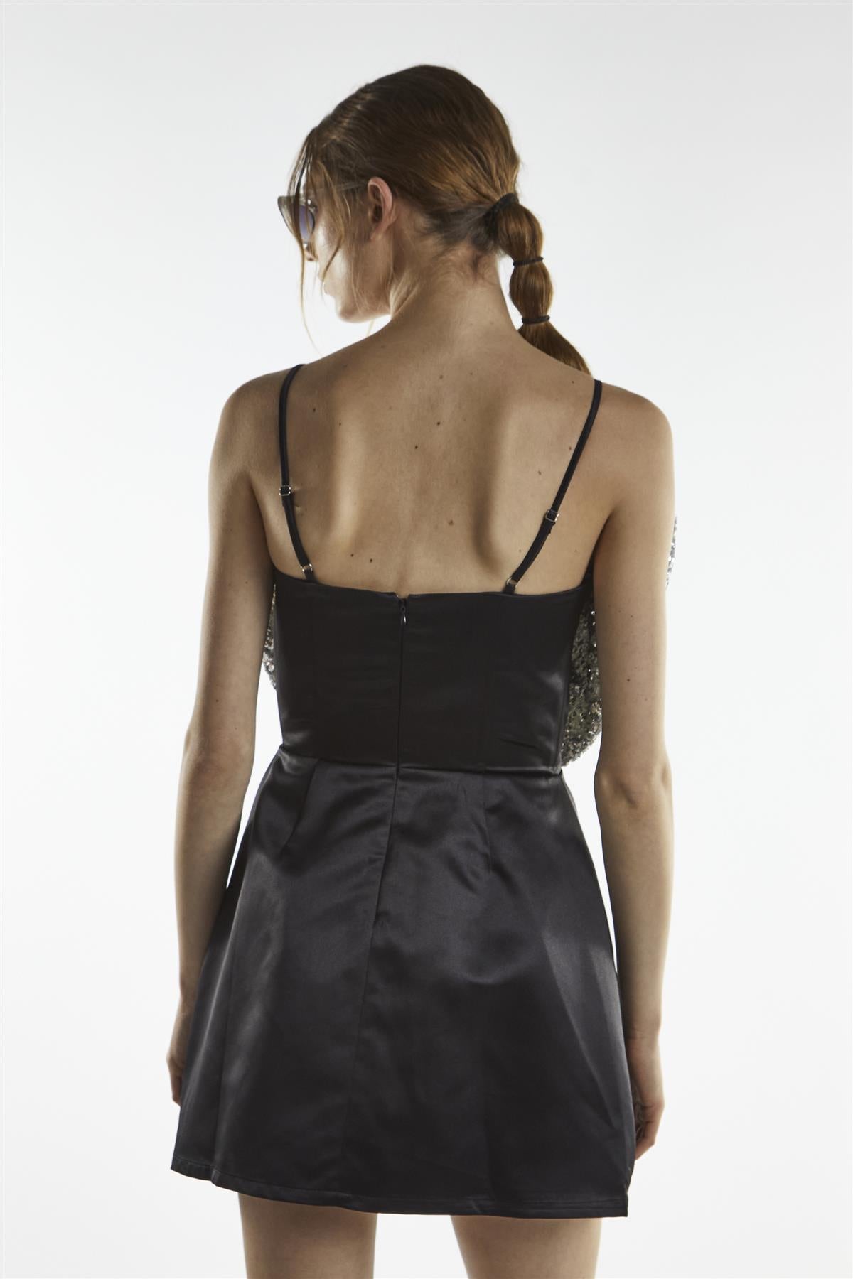 Black Silver Sequin Bow Mini-Dress
