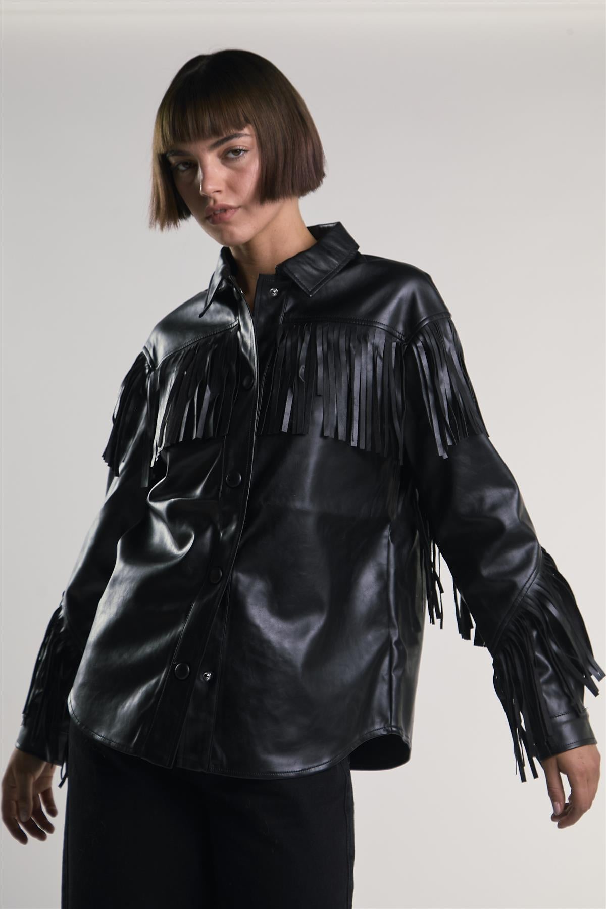 Black PU Faux-Leather Fringe Shirt