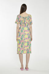 Pink-Multi-60S-Flower Square-Neck Midi-Dress