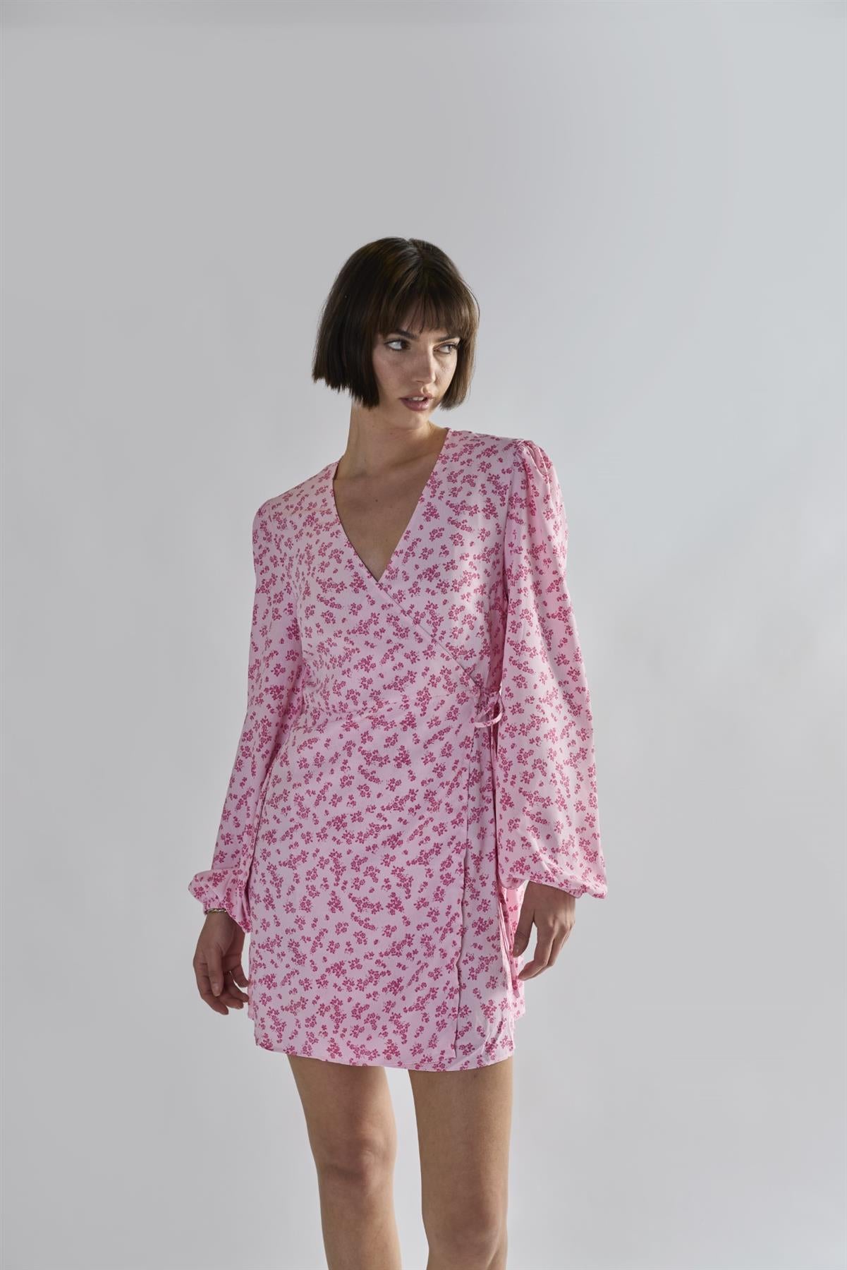 Pink-Fuschia-Ditsy Wrap Mini-Dress