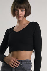 Black V-Neck-Lettuce-Trim Long Sleeve-Top