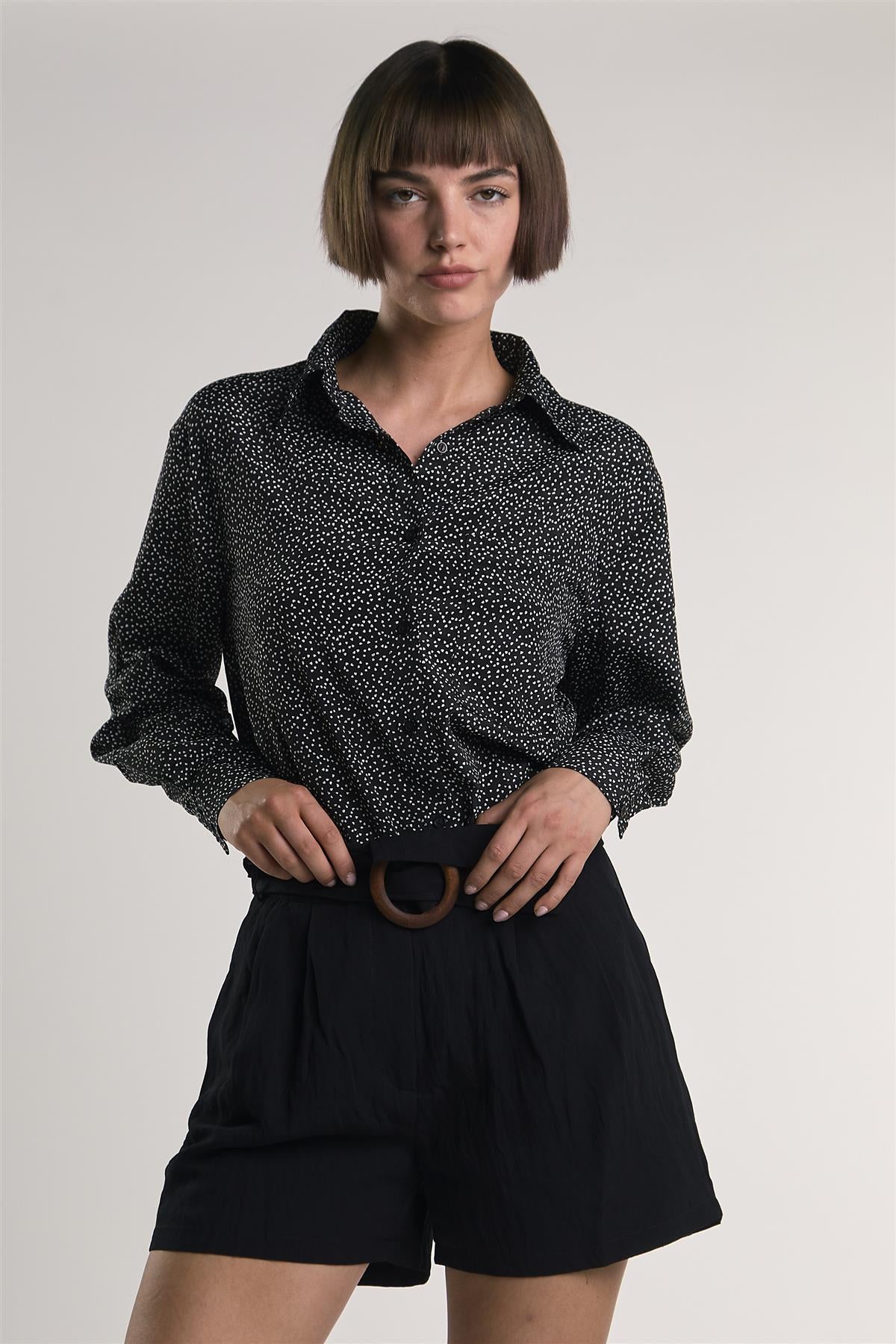 Miniature-Heart-Print Button-Front Long Sleeve-Top