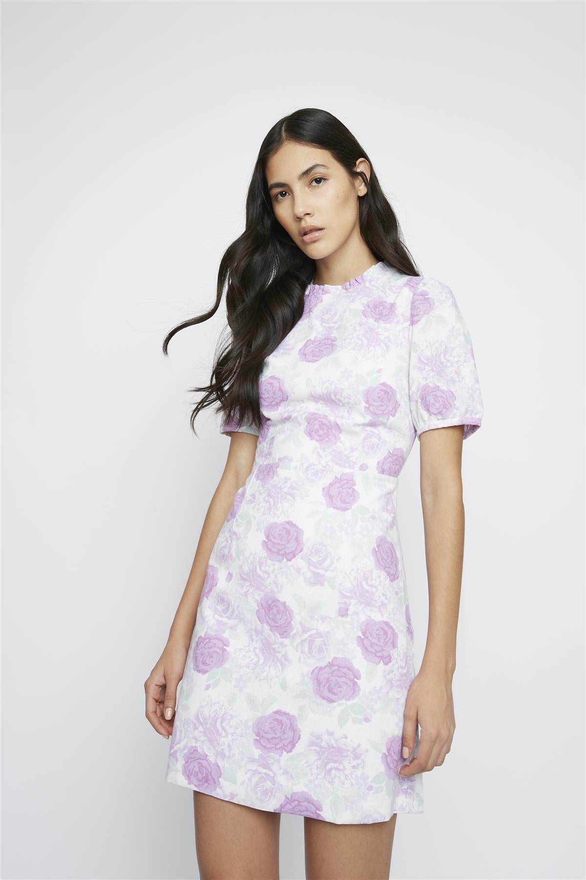 Lilac-Roses Ruffle-Trim Mini-Dress