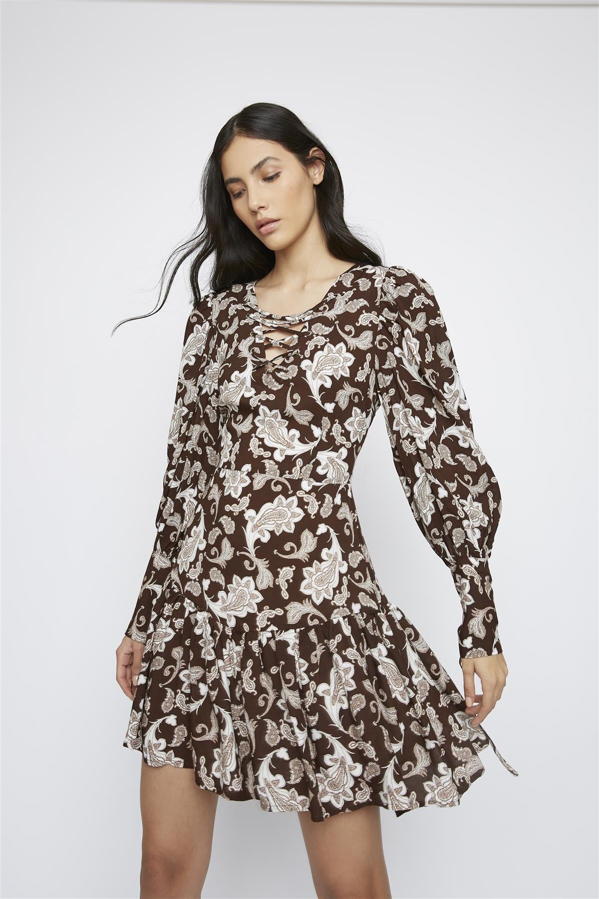 Dark-Brown-Paisley Drop-waist-Dress