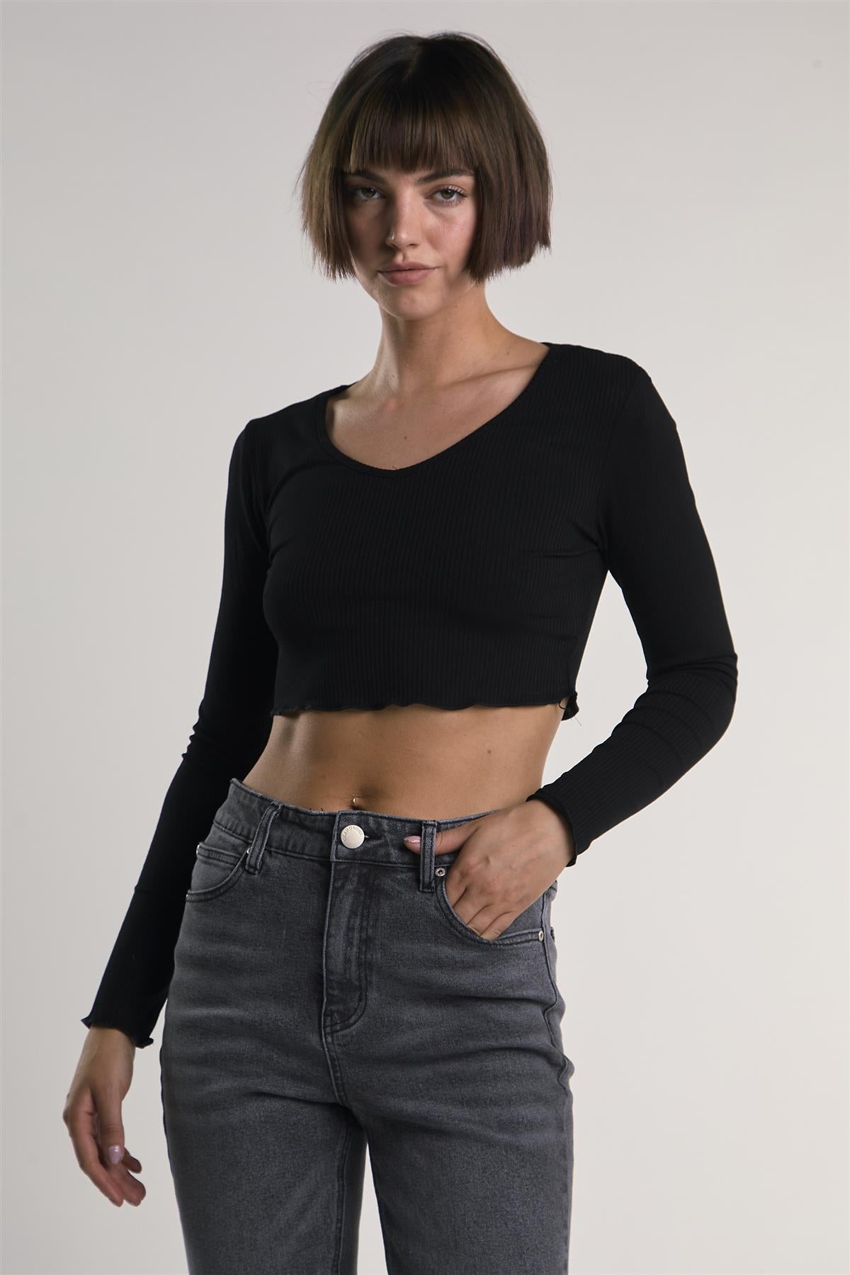 Black V-Neck-Lettuce-Trim Long Sleeve-Top