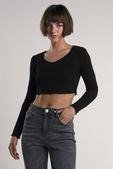 Black V-Neck-Lettuce-Trim Long Sleeve-Top