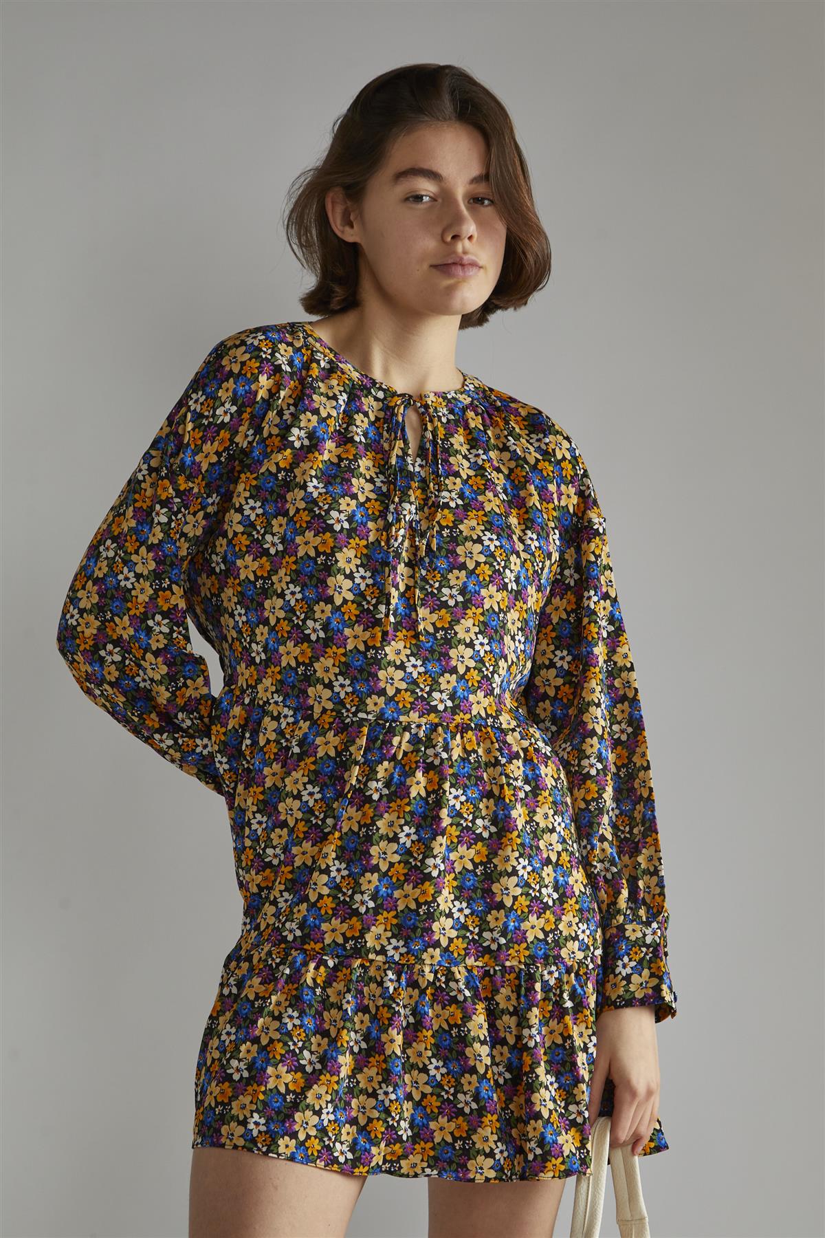 Tie Front Long Sleeve Mini Dress - Dark Floral