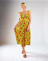 Yellow Red Fruit Frill Sleeve Midi Dress