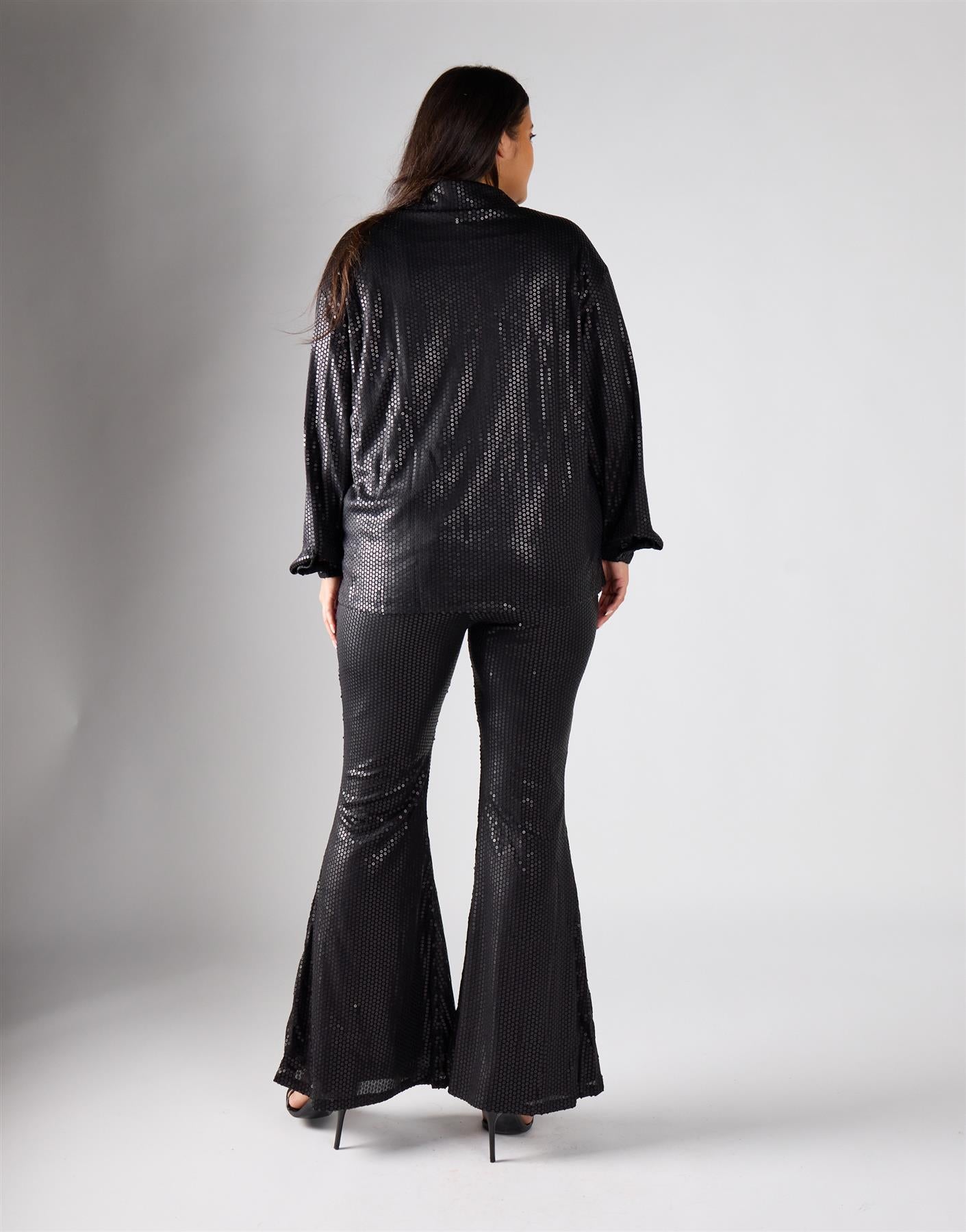 Glamorous Curve Black Sequin Wide Leg Trousers