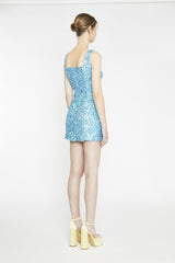 Aquamarine-Sequin Square-Neck Mini-Dress