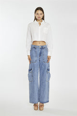 White Long-Sleeve Collared Crop-Shirt