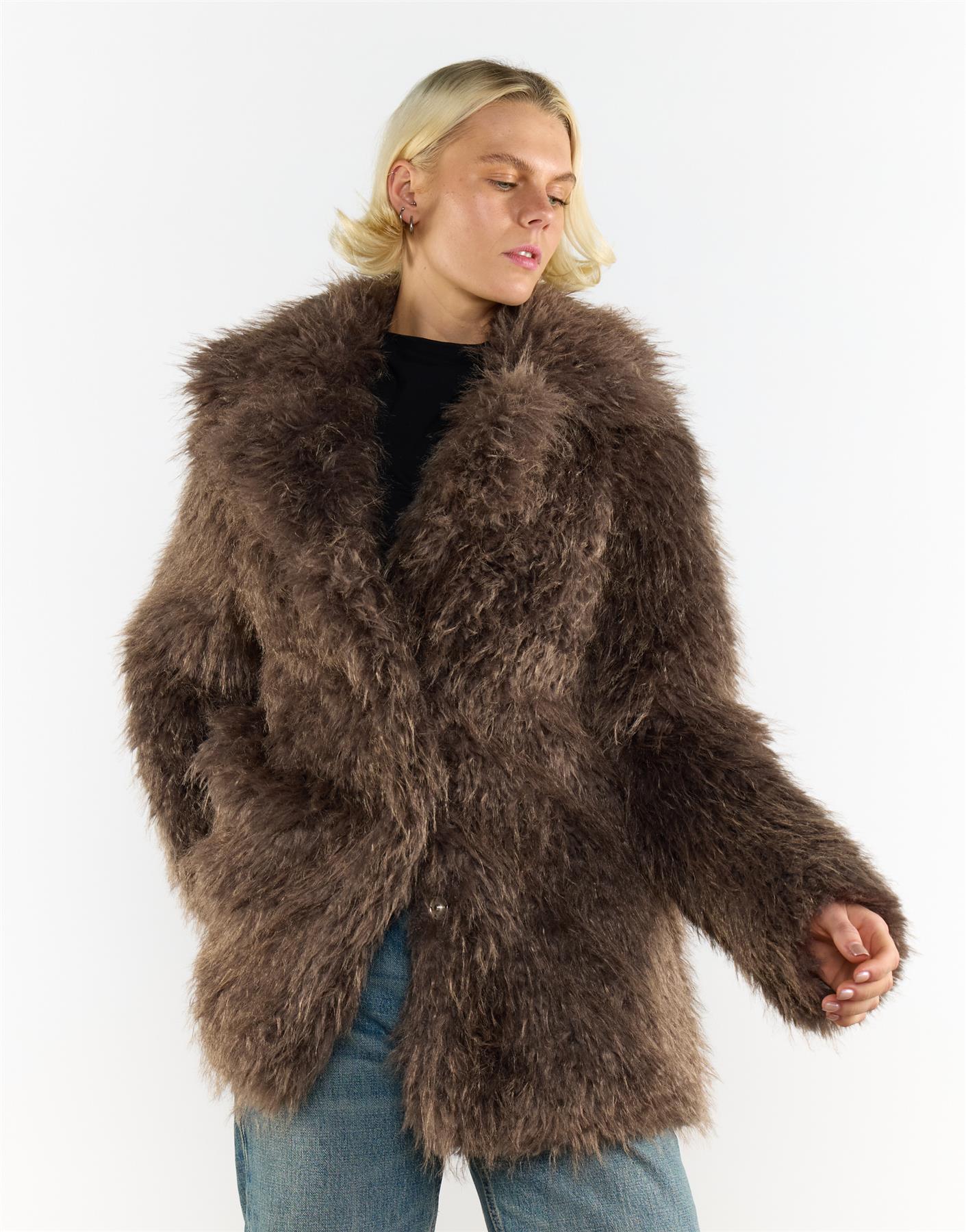 Grey Brown Collared Faux Fur-Coat