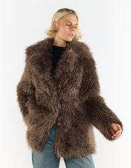 Grey Brown Collared Faux Fur-Coat