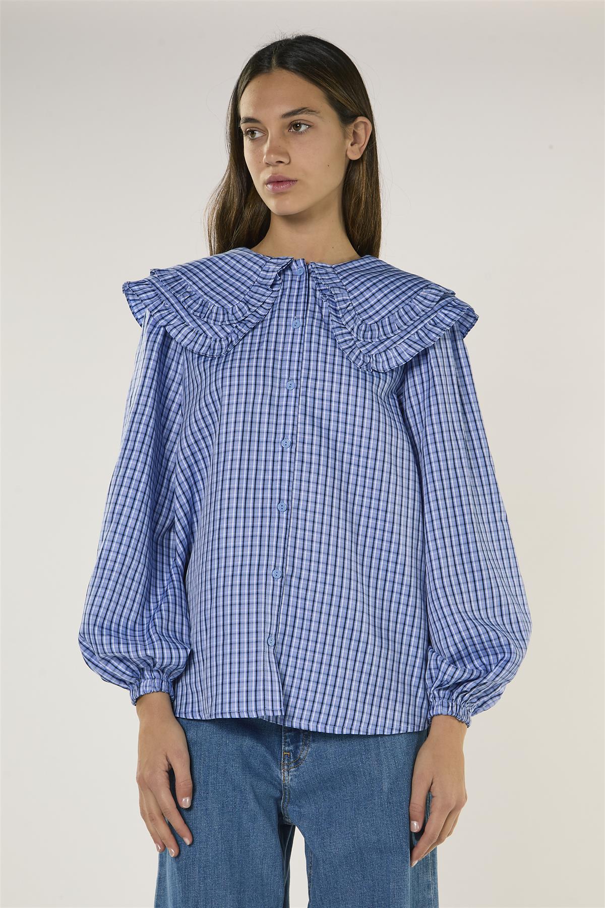 Pale Blue Check Statement Collar Blouse
