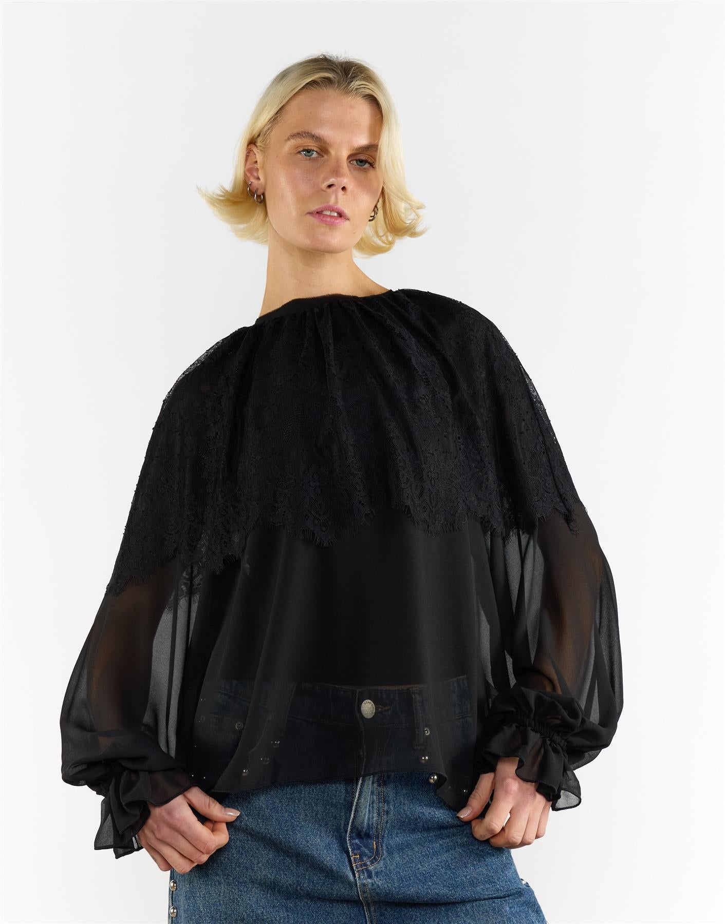 Lace Details Cape Blouse - Black