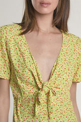 Yellow-Multi-Ditsy V-Neck-Front-Knot Mini-Dress
