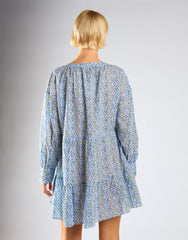 Blue Ditsy Floral Long Sleeve Frill Tiered Dress