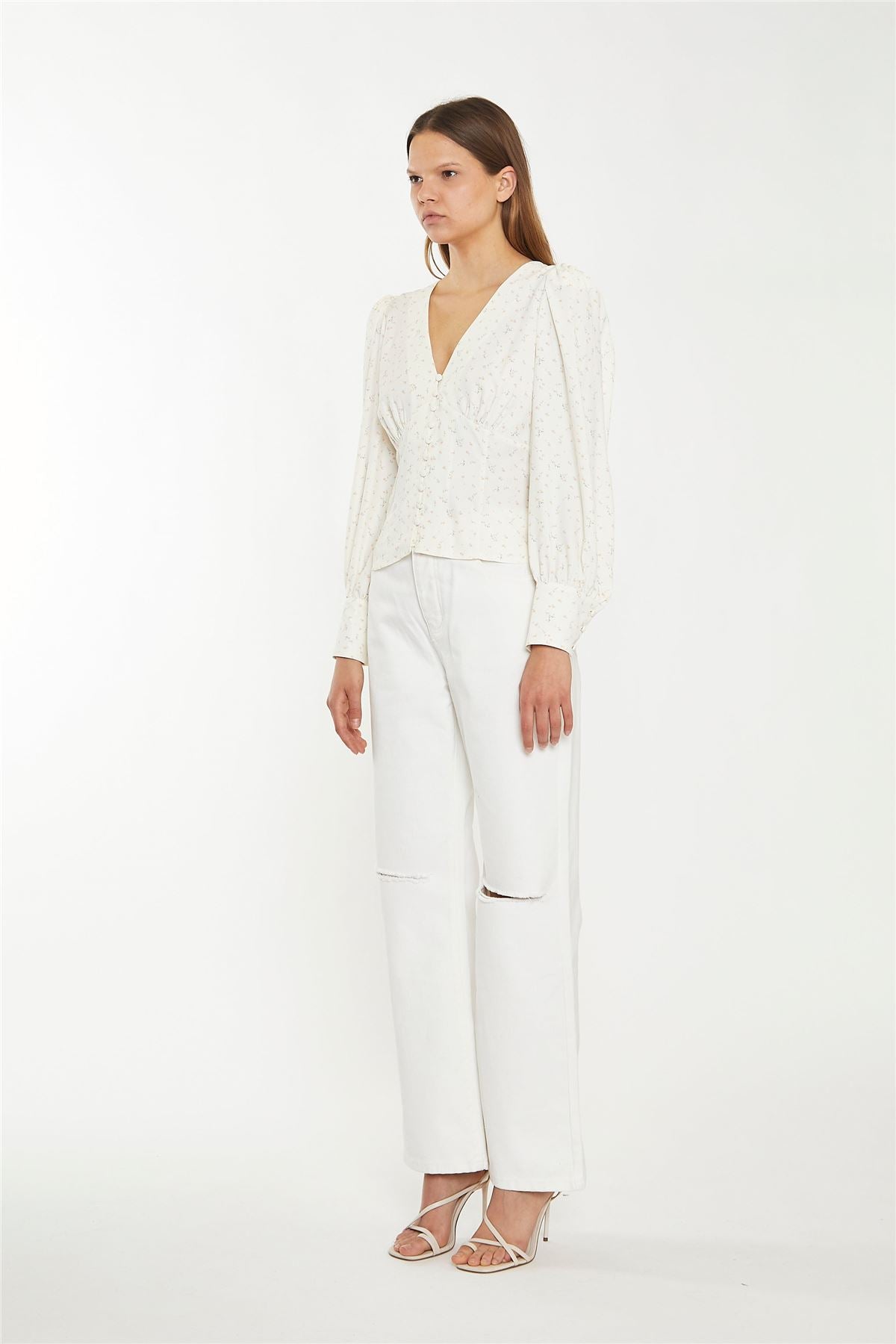 Off White Straight-Leg Ripped Jeans