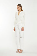 Off White Straight-Leg Ripped Jeans