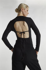 Black Rib Open Back Long-Sleeve-Bodysuit