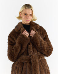 Belted Faux Fur Longline Coat in Brown