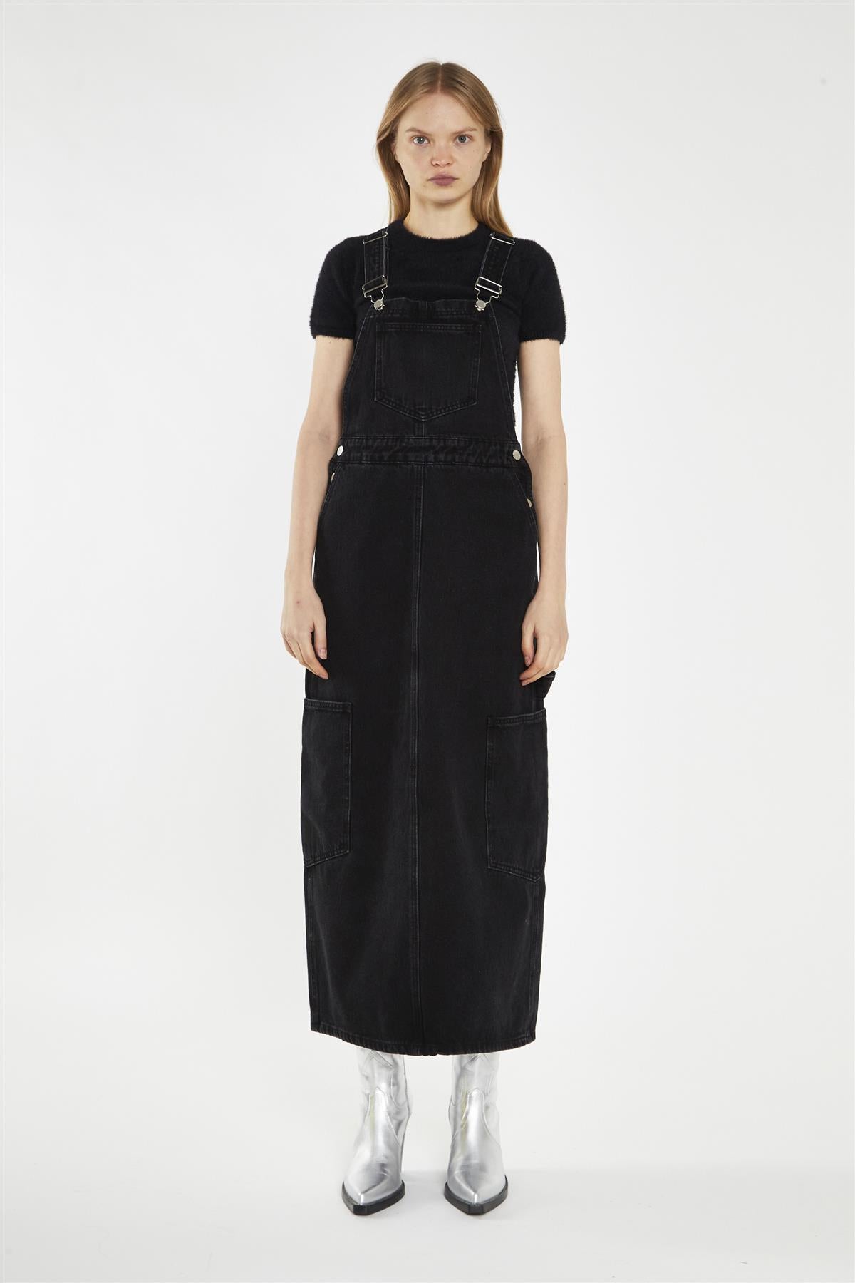 Washed-Black Denim Dungaree Midi-Dress