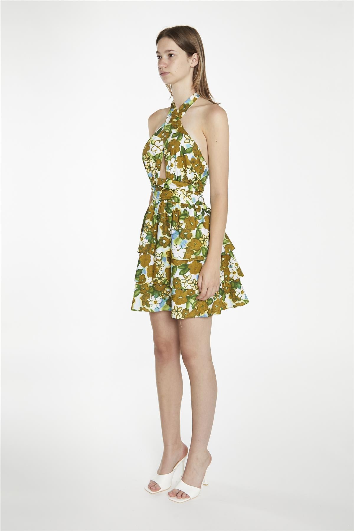 Large-Brown-Green-Floral Crossover-Halter-Neck-Rara- Mini-Dress