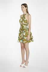 Large-Brown-Green-Floral Crossover-Halter-Neck-Rara- Mini-Dress