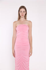 Sugar-Pink Strapless Ruched Midi-Dress