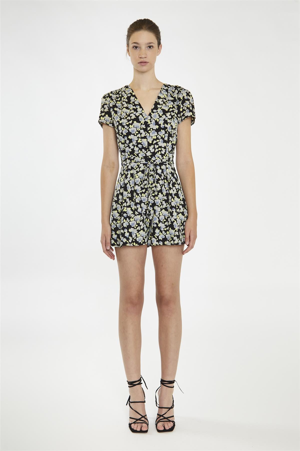 V Neck Short Sleeve Playsuit - Black Grey Flower