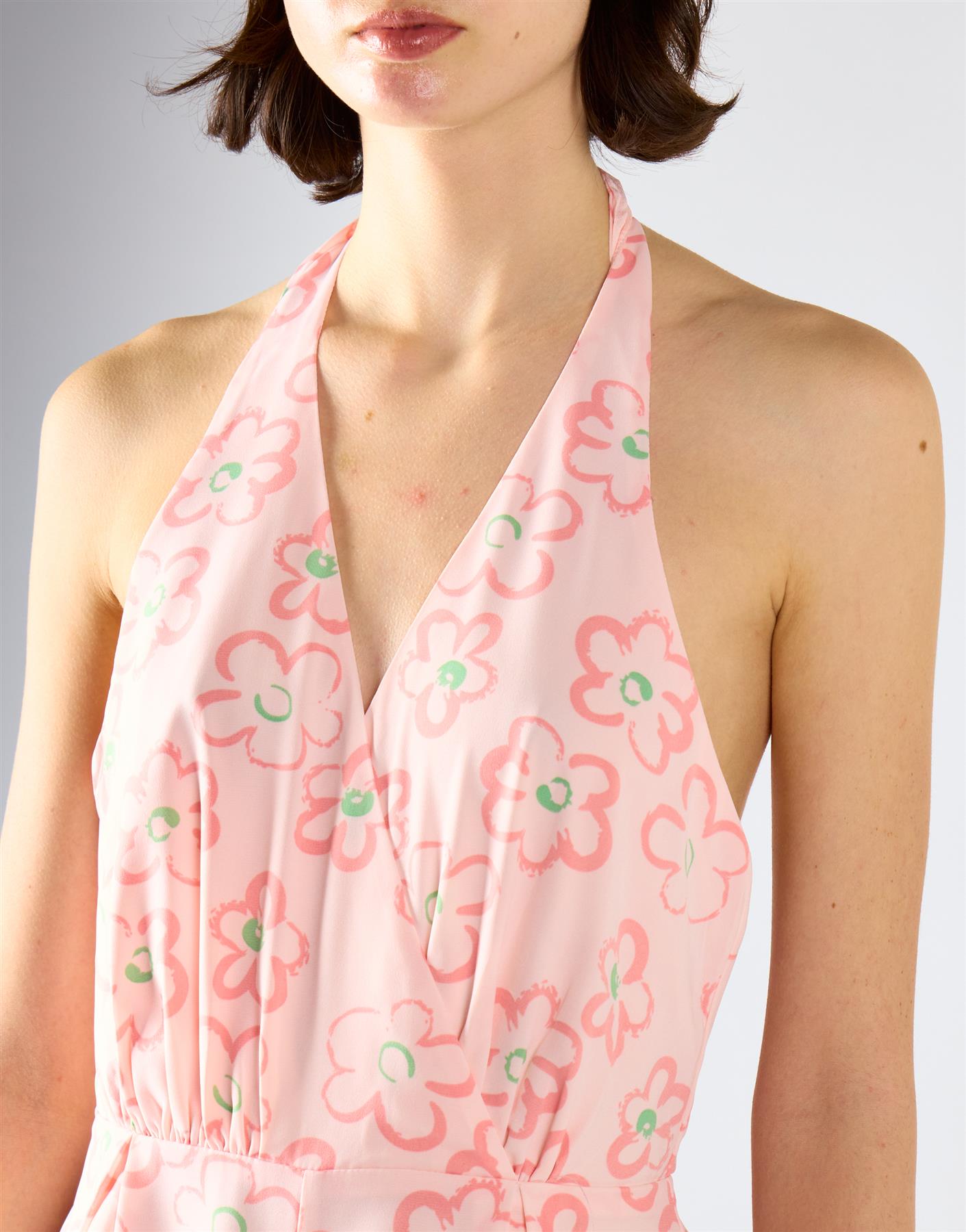 Pink Painted Floral Halter Tie Neck Playsuit