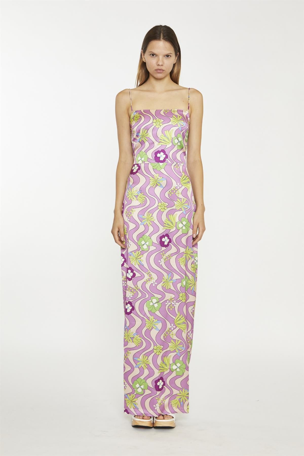 Purple-Swirl-Floral Sleeveless Maxi-Dress