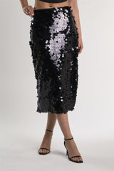 Black-Square-Sequin High-Waisted Midi-Skirt