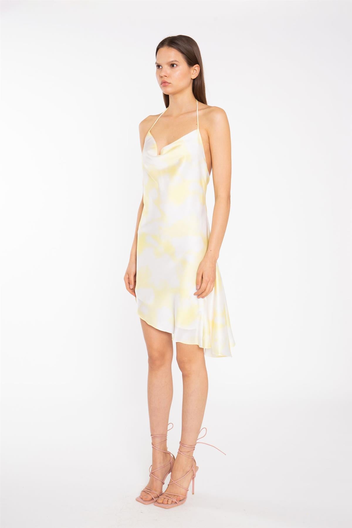Yellow Print-Satin Asymmetric Cowl-Neck Mini-Dress