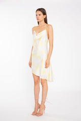 Yellow Print-Satin Asymmetric Cowl-Neck Mini-Dress