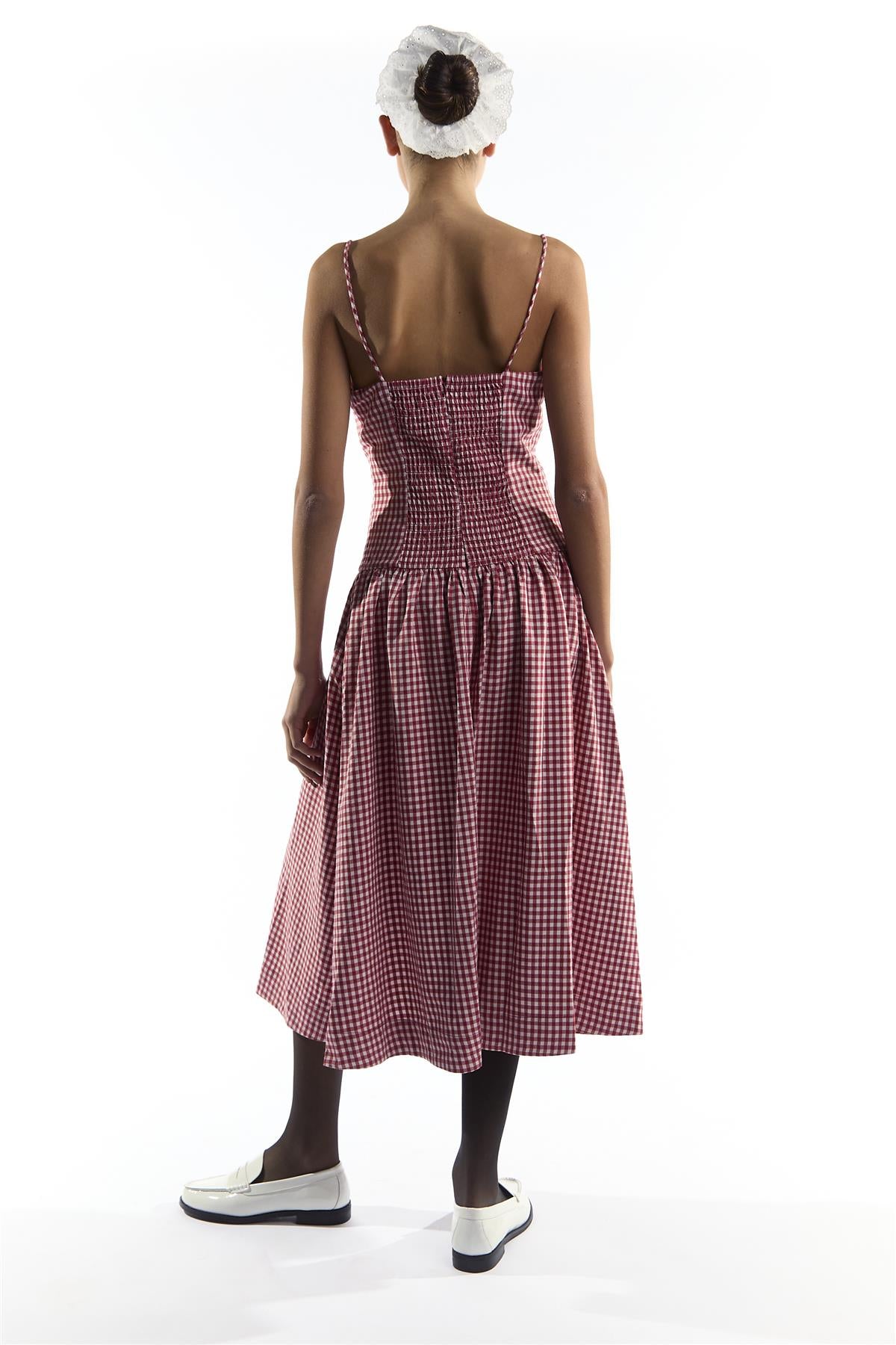 Red Gingham Button Through Dropped Waist Midi Dress