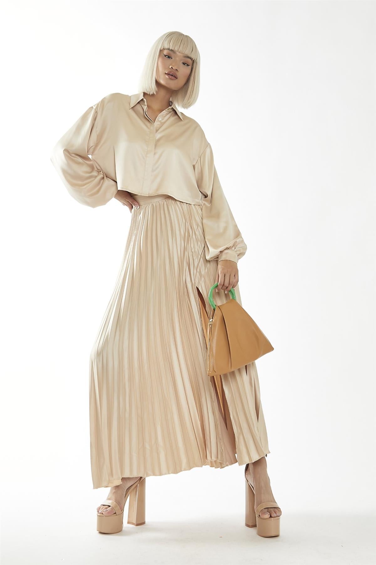 Sand Sateen High-Waist Pleated Maxi-Skirt