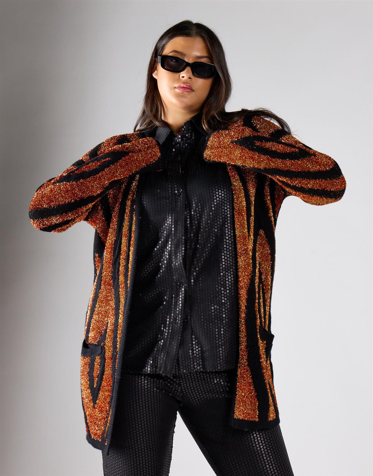 Glamorous Curve Women's  Tiger Lurex Regular Cardigan