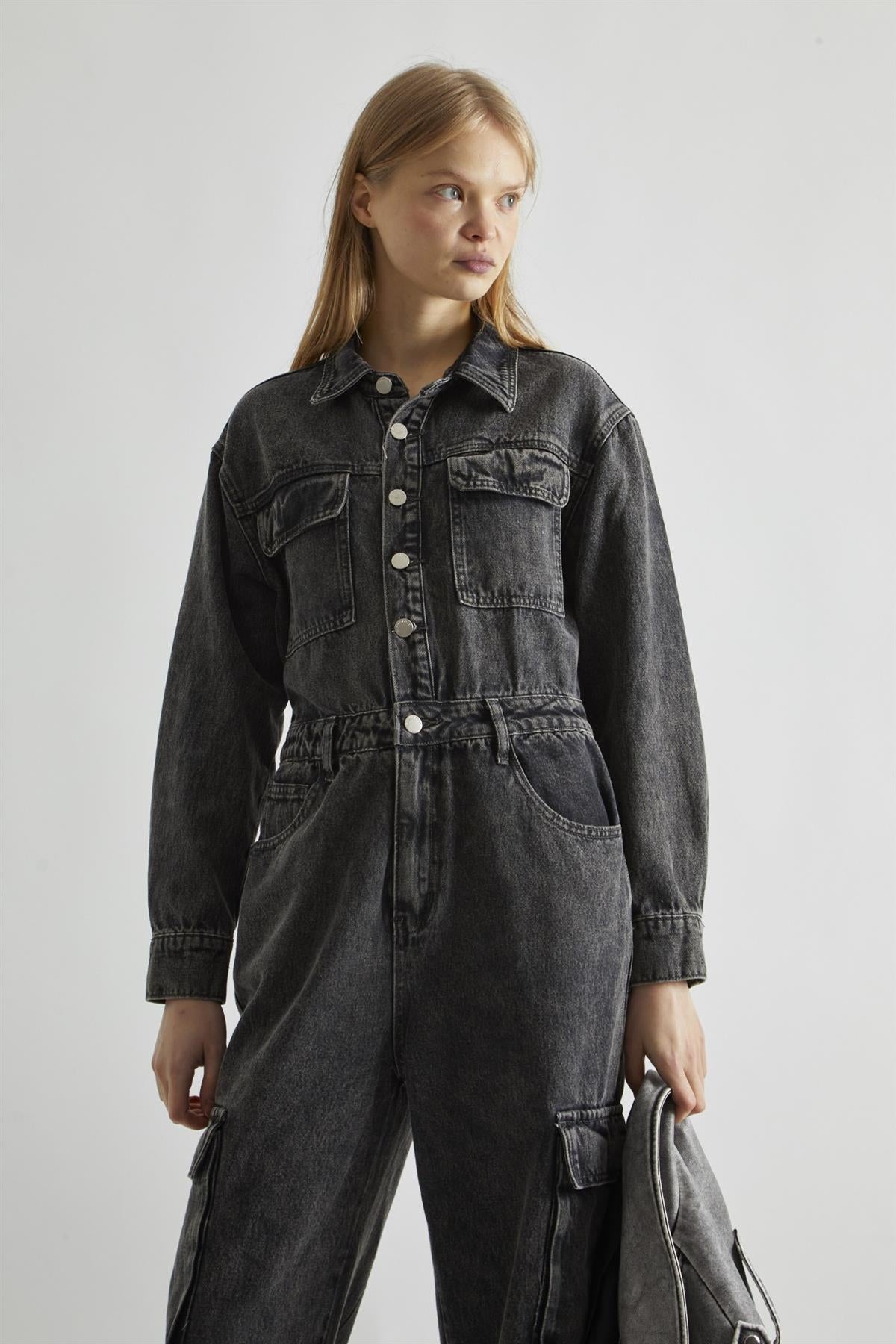 Black Stonewash-Denim Jumpsuit