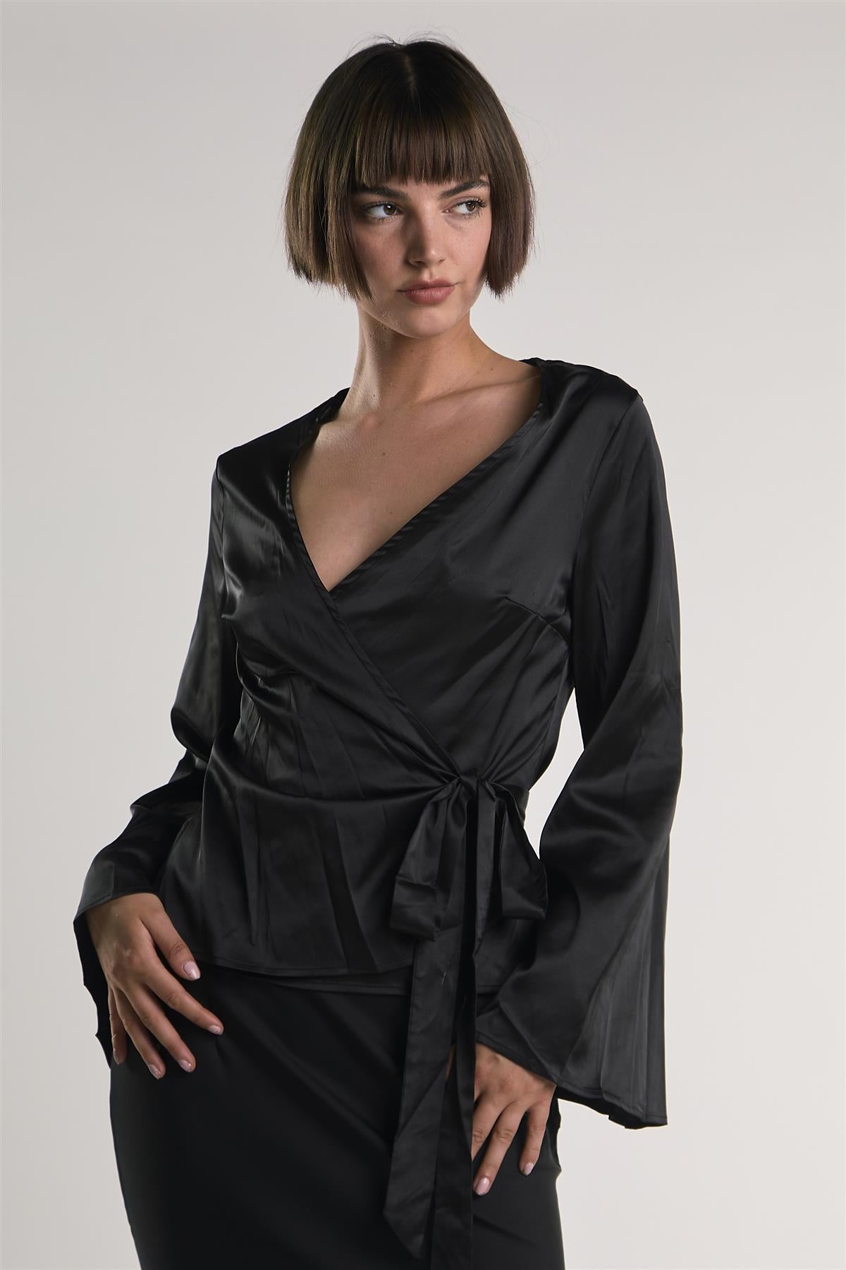 Black-Sateen Wrap Long Sleeve-Top