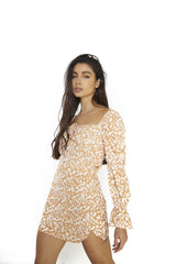 Orange sketchy flower  Beige a-lined floral print mini skirt  loose-skirts