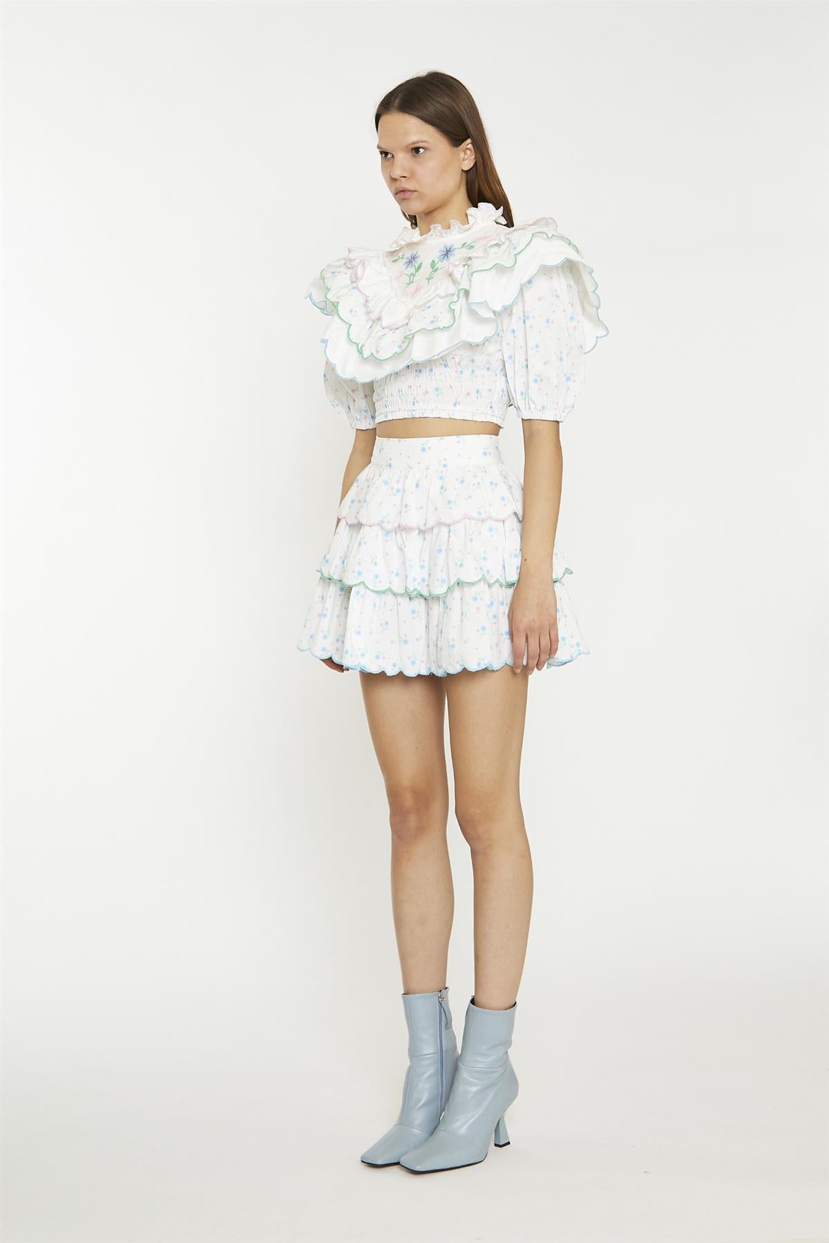 White Blue Pink Ditsy Tiered Mini-Skirt