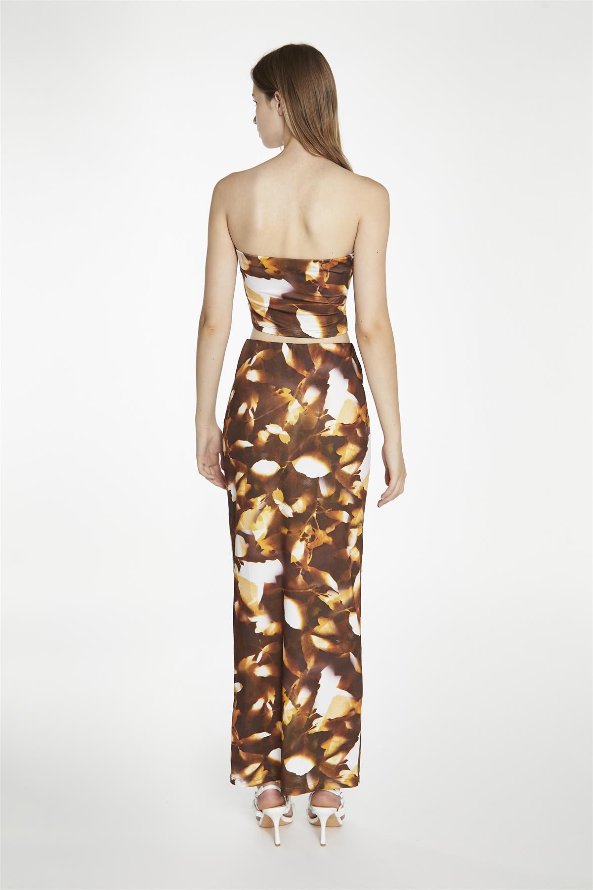 Brown Digital-Leaf Bodycon Maxi-Skirt