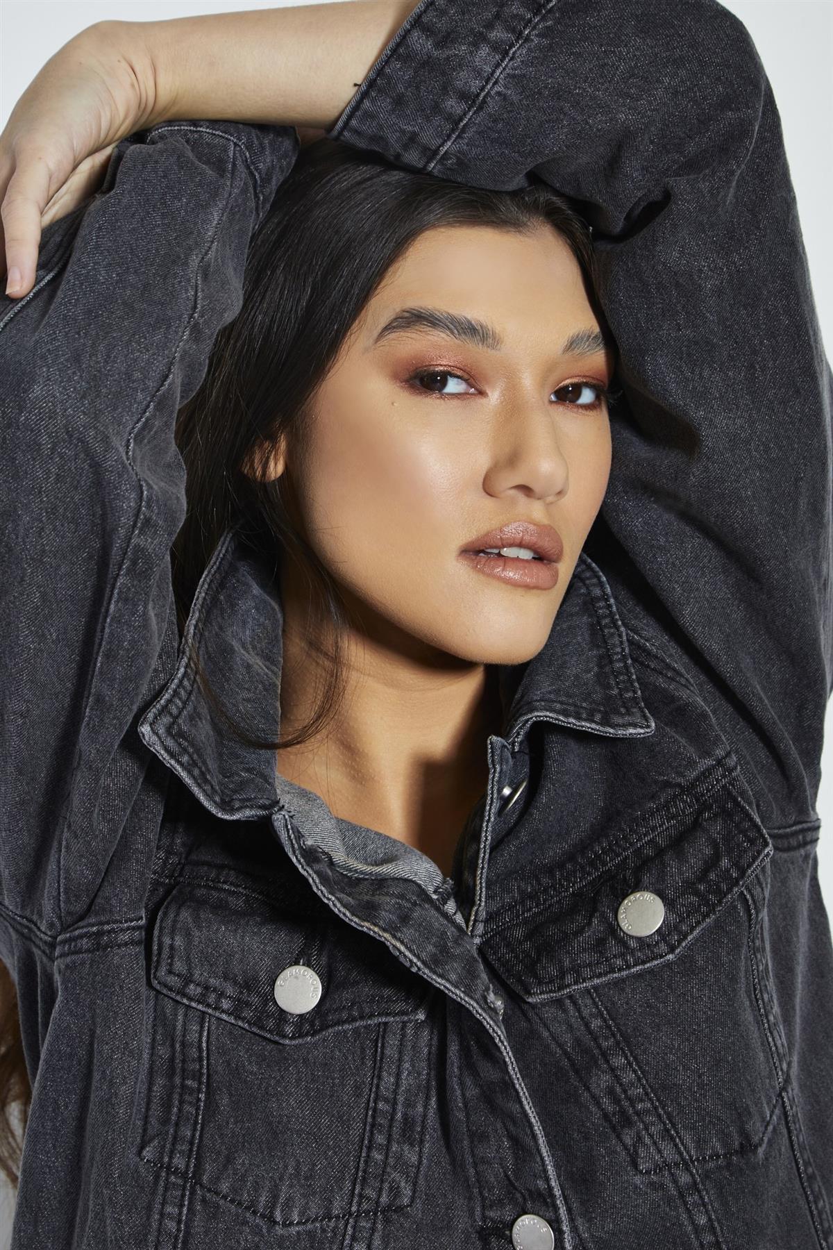 Washed Black Denim button Front Jacket