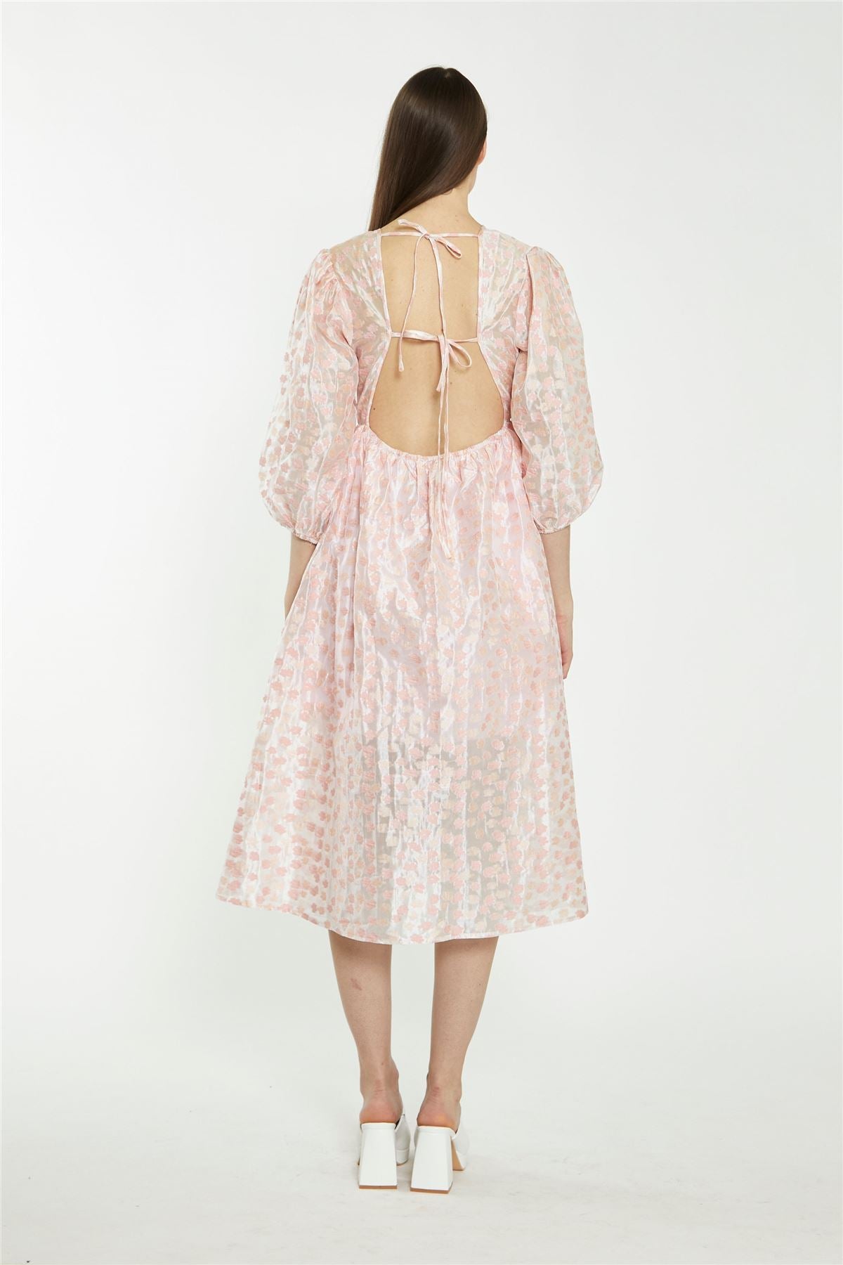 Pink Flower Organza Midi Dress